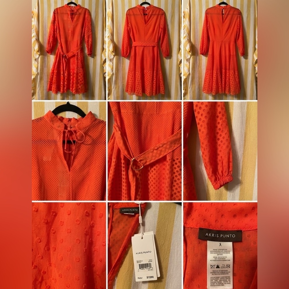 Akris Punto Orange-Red Textured Long-Sleeve Fit-and-Flare Dress